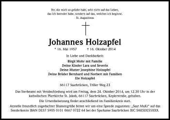 Anzeige von Johannes Holzapfel von Kölner Stadt-Anzeiger / Kölnische Rundschau / Express