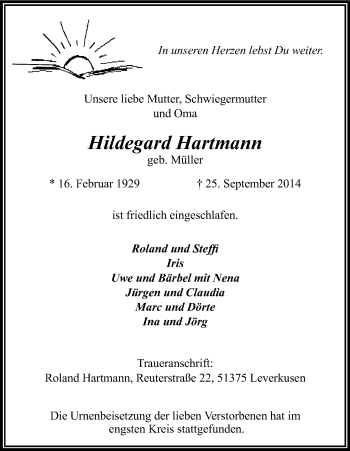 Anzeige von Hildegard Hartmann von Kölner Stadt-Anzeiger / Kölnische Rundschau / Express