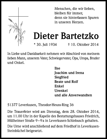 Anzeige von Dieter Bartetzko von Kölner Stadt-Anzeiger / Kölnische Rundschau / Express