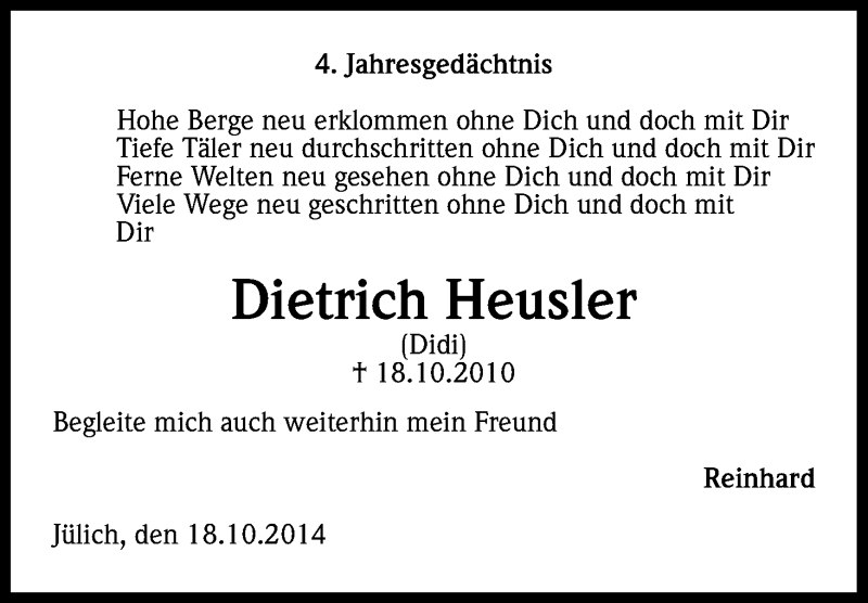  Traueranzeige für Dietrich Heusler vom 25.10.2014 aus Kölner Stadt-Anzeiger / Kölnische Rundschau / Express