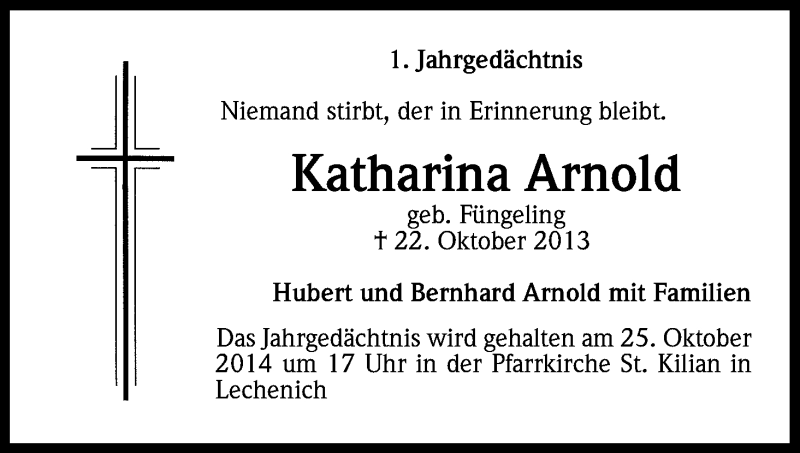  Traueranzeige für Katharina Arnold vom 22.10.2014 aus Kölner Stadt-Anzeiger / Kölnische Rundschau / Express