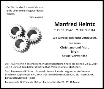Anzeige von Manfred Heintz von Kölner Stadt-Anzeiger / Kölnische Rundschau / Express