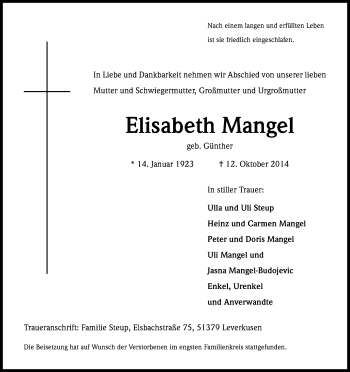 Anzeige von Elisabeth Mangel von Kölner Stadt-Anzeiger / Kölnische Rundschau / Express