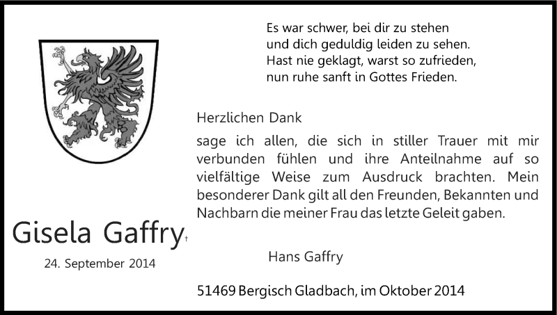  Traueranzeige für Gisela Gaffry vom 25.10.2014 aus Kölner Stadt-Anzeiger / Kölnische Rundschau / Express