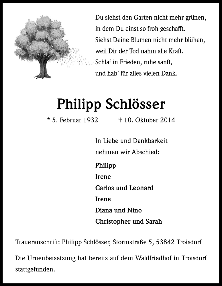  Traueranzeige für Philipp Schlösser vom 24.10.2014 aus Kölner Stadt-Anzeiger / Kölnische Rundschau / Express