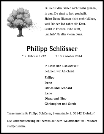 Anzeige von Philipp Schlösser von Kölner Stadt-Anzeiger / Kölnische Rundschau / Express