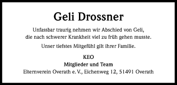 Anzeige von Geli Drossner von Kölner Stadt-Anzeiger / Kölnische Rundschau / Express