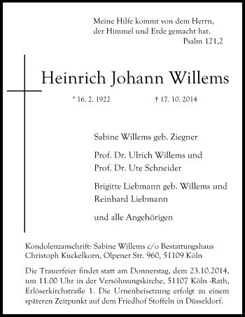 Anzeige von Heinrich Johann Willems von Kölner Stadt-Anzeiger / Kölnische Rundschau / Express