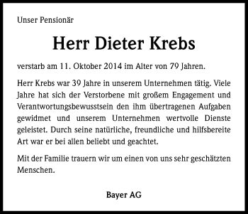Anzeige von Dieter Krebs von Kölner Stadt-Anzeiger / Kölnische Rundschau / Express