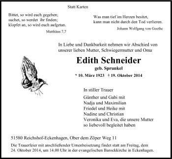 Anzeige von Edith Schneider von Kölner Stadt-Anzeiger / Kölnische Rundschau / Express