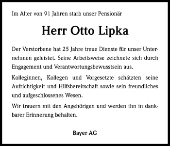 Anzeige von Otto Lipka von Kölner Stadt-Anzeiger / Kölnische Rundschau / Express