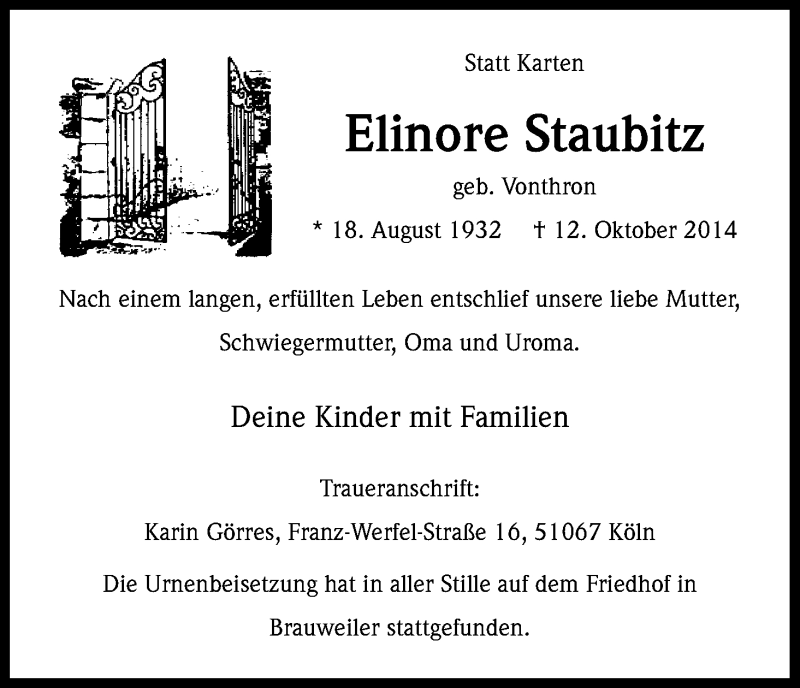  Traueranzeige für Elinore Staubitz vom 25.10.2014 aus Kölner Stadt-Anzeiger / Kölnische Rundschau / Express