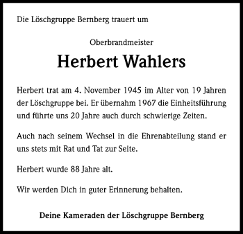 Anzeige von Herbert Wahlers von Kölner Stadt-Anzeiger / Kölnische Rundschau / Express