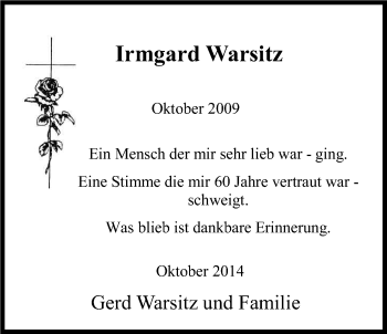 Anzeige von Irmgard Warsitz von Kölner Stadt-Anzeiger / Kölnische Rundschau / Express