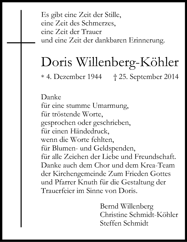  Traueranzeige für Doris Willenberg-Köhler vom 22.10.2014 aus Kölner Stadt-Anzeiger / Kölnische Rundschau / Express