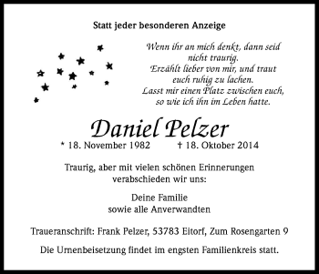 Anzeige von Daniel Pelzer von Kölner Stadt-Anzeiger / Kölnische Rundschau / Express