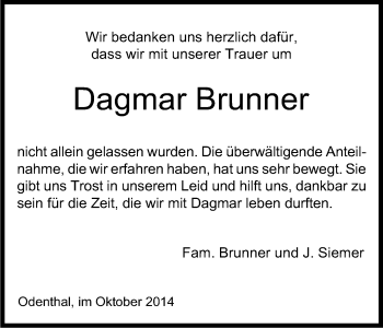Anzeige von Dagmar Brunner von Kölner Stadt-Anzeiger / Kölnische Rundschau / Express