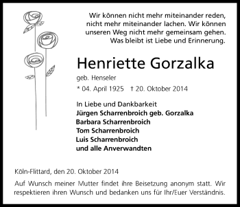 Anzeige von Henriette Gorzalka von Kölner Stadt-Anzeiger / Kölnische Rundschau / Express