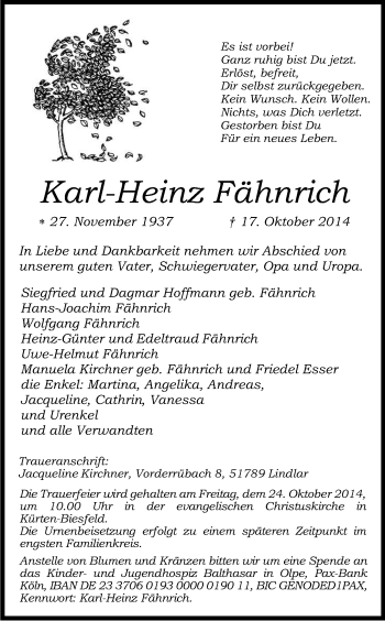 Anzeige von Karl-Heinz Fähnrich von Kölner Stadt-Anzeiger / Kölnische Rundschau / Express