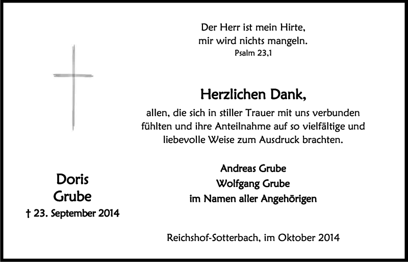  Traueranzeige für Doris Grube vom 25.10.2014 aus Kölner Stadt-Anzeiger / Kölnische Rundschau / Express