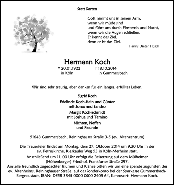 Anzeige von Hermann Koch von Kölner Stadt-Anzeiger / Kölnische Rundschau / Express