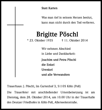 Anzeige von Brigitte Pöschl von Kölner Stadt-Anzeiger / Kölnische Rundschau / Express