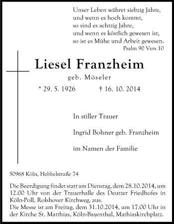 Anzeige von Liesel Franzheim von Kölner Stadt-Anzeiger / Kölnische Rundschau / Express