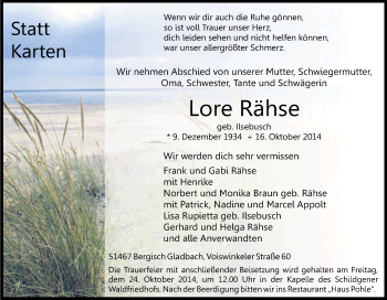 Anzeige von Lore Rähse von Kölner Stadt-Anzeiger / Kölnische Rundschau / Express