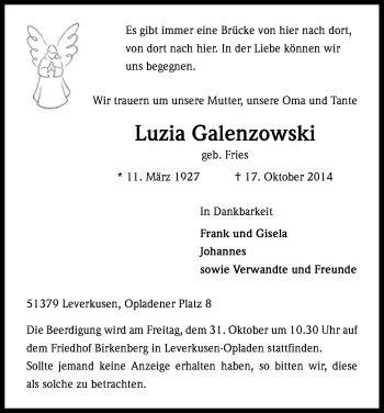 Anzeige von Luzia Galenzowski von Kölner Stadt-Anzeiger / Kölnische Rundschau / Express