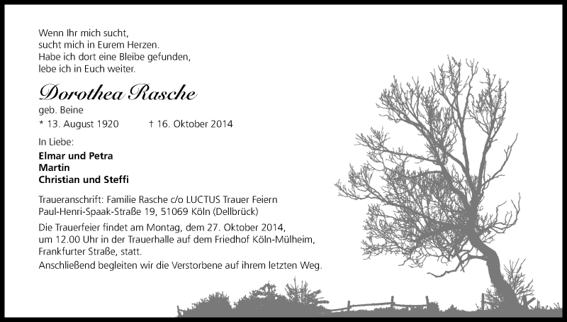  Traueranzeige für Dorothea Rasche vom 25.10.2014 aus Kölner Stadt-Anzeiger / Kölnische Rundschau / Express
