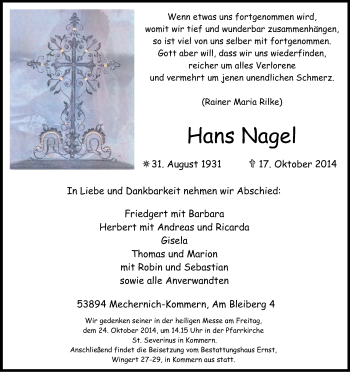 Anzeige von Hans Nagel von Kölner Stadt-Anzeiger / Kölnische Rundschau / Express