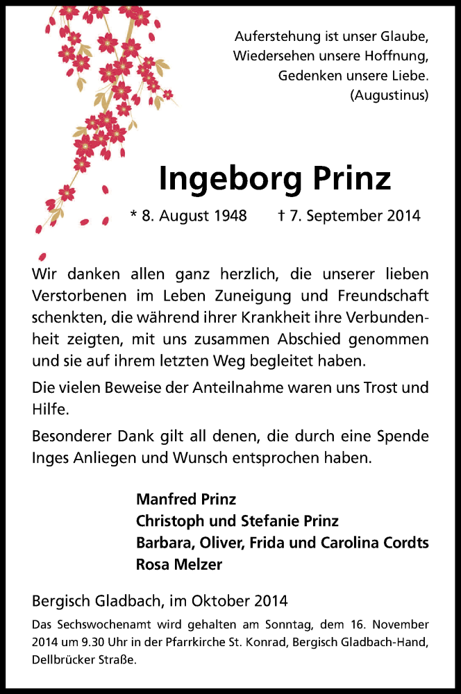  Traueranzeige für Ingeborg Prinz vom 01.11.2014 aus Kölner Stadt-Anzeiger / Kölnische Rundschau / Express