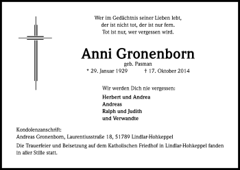 Anzeige von Anni Gronenborn von Kölner Stadt-Anzeiger / Kölnische Rundschau / Express