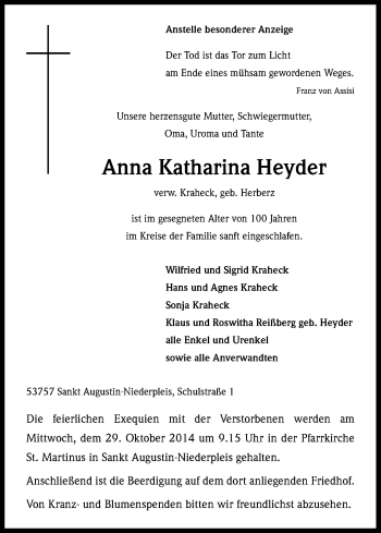 Anzeige von Anna Katharina Heyder von Kölner Stadt-Anzeiger / Kölnische Rundschau / Express