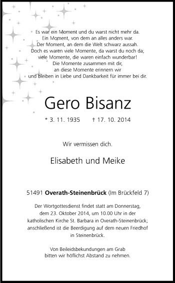 Anzeige von Gero Bisanz von Kölner Stadt-Anzeiger / Kölnische Rundschau / Express