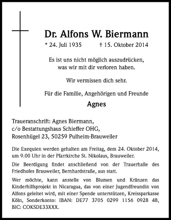 Anzeige von Alfons Biermann von Kölner Stadt-Anzeiger / Kölnische Rundschau / Express