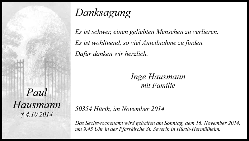  Traueranzeige für Paul Hausmann vom 08.11.2014 aus Kölner Stadt-Anzeiger / Kölnische Rundschau / Express