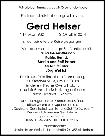Anzeige von Gerd Helser von Kölner Stadt-Anzeiger / Kölnische Rundschau / Express
