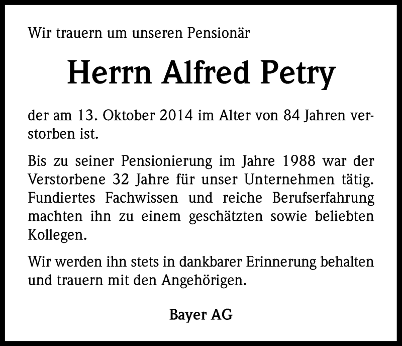  Traueranzeige für Alfred Petry vom 22.10.2014 aus Kölner Stadt-Anzeiger / Kölnische Rundschau / Express