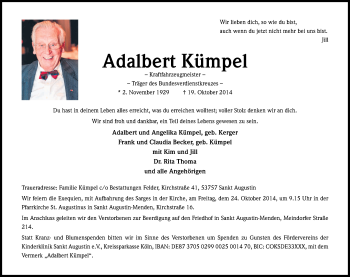 Anzeige von Adalbert Kümpel von Kölner Stadt-Anzeiger / Kölnische Rundschau / Express