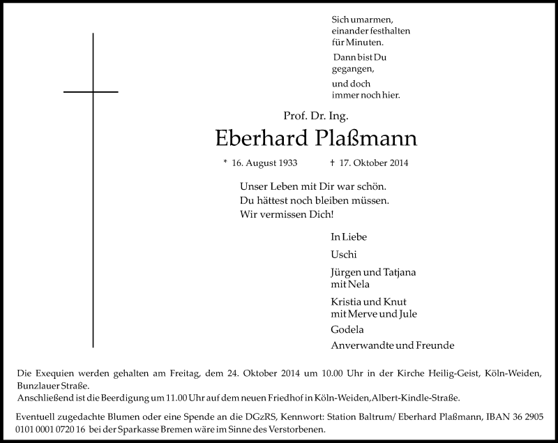  Traueranzeige für Eberhard Plaßmann vom 22.10.2014 aus Kölner Stadt-Anzeiger / Kölnische Rundschau / Express