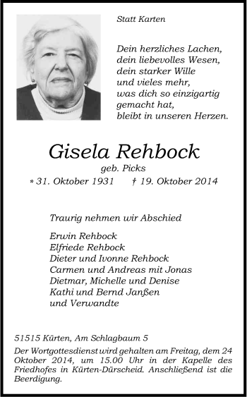 Anzeige von Gisela Rehbock von Kölner Stadt-Anzeiger / Kölnische Rundschau / Express