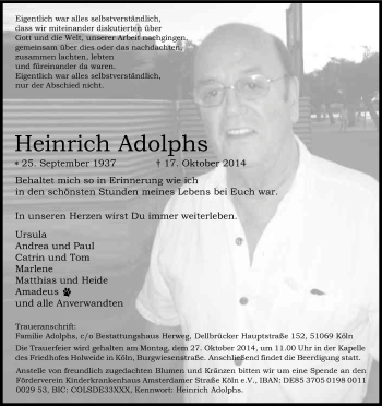 Anzeige von Heinrich Adolphs von Kölner Stadt-Anzeiger / Kölnische Rundschau / Express