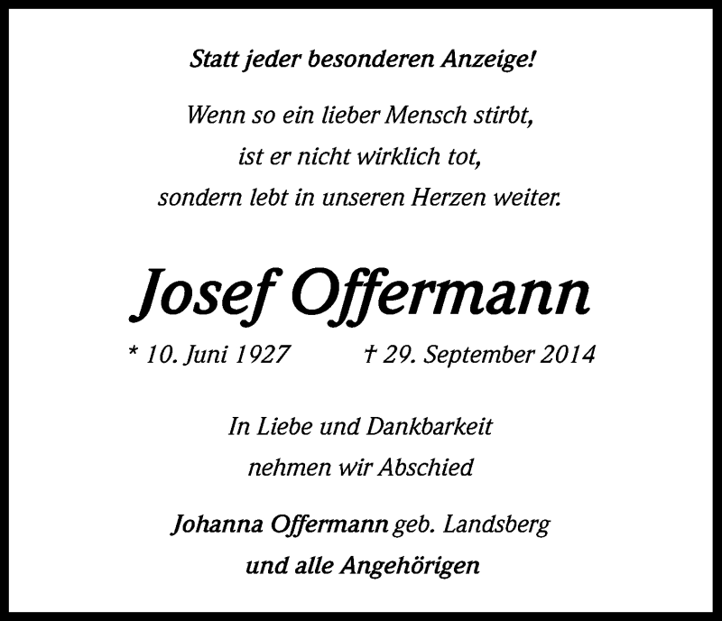  Traueranzeige für Josef Offermann vom 22.10.2014 aus Kölner Stadt-Anzeiger / Kölnische Rundschau / Express