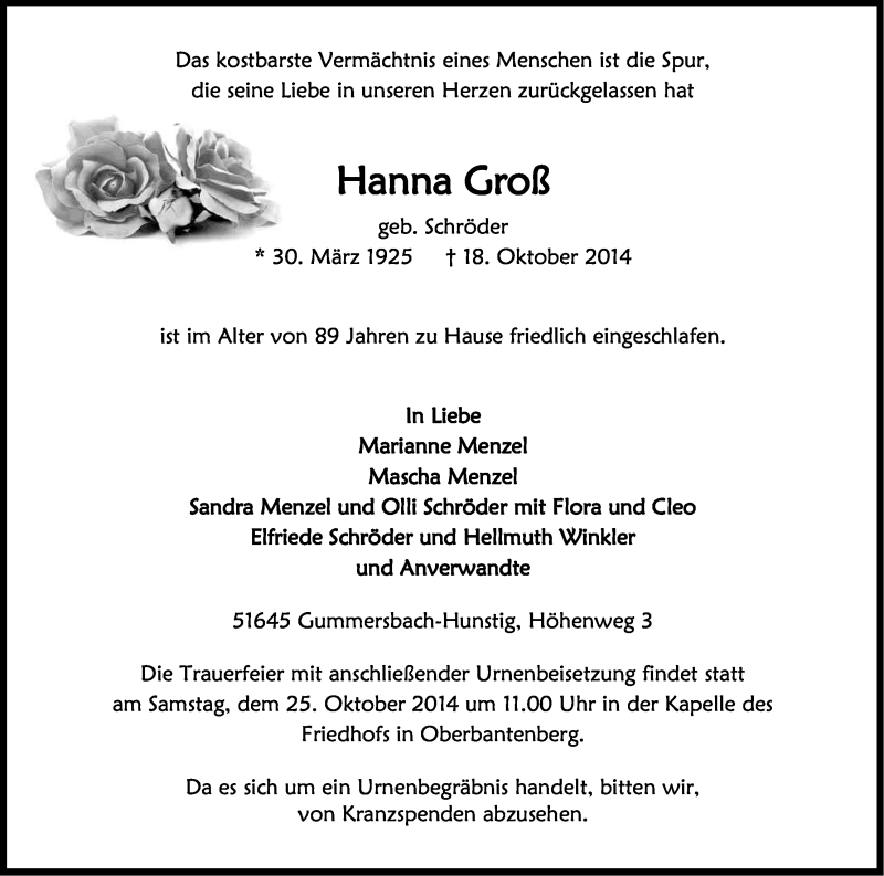  Traueranzeige für Hanna Groß vom 22.10.2014 aus Kölner Stadt-Anzeiger / Kölnische Rundschau / Express