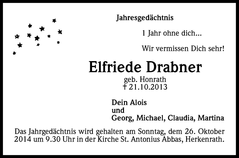  Traueranzeige für Elfriede Drabner vom 22.10.2014 aus Kölner Stadt-Anzeiger / Kölnische Rundschau / Express