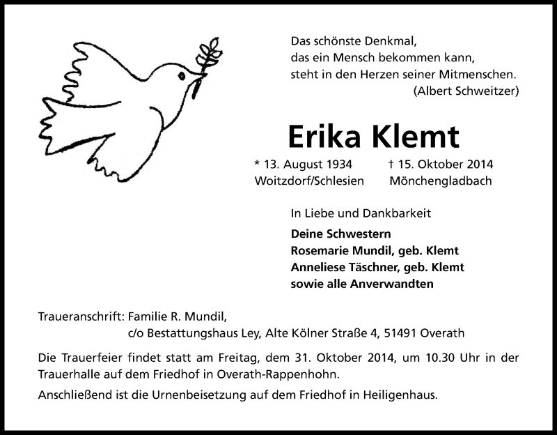  Traueranzeige für Erika Klemt vom 25.10.2014 aus Kölner Stadt-Anzeiger / Kölnische Rundschau / Express