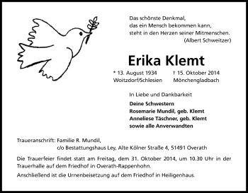 Anzeige von Erika Klemt von Kölner Stadt-Anzeiger / Kölnische Rundschau / Express