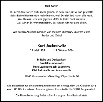 Anzeige von Kurt Jucknewitz von Kölner Stadt-Anzeiger / Kölnische Rundschau / Express