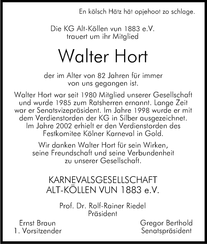  Traueranzeige für Walter Hort vom 22.10.2014 aus Kölner Stadt-Anzeiger / Kölnische Rundschau / Express